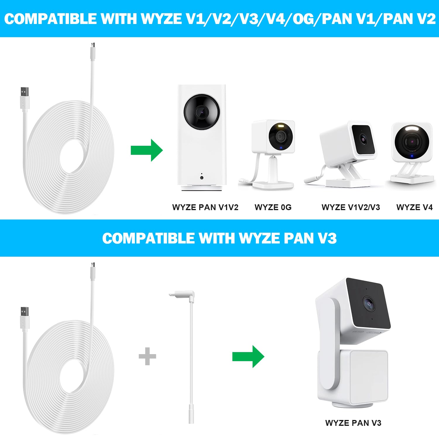 2 Pack 10FT Power Extension Cable Compatible with Wyze Cam v4/v3/OG,Wyze Cam Pan v3/v4,Blink,eufy,NestCam Indoor,Amazon Cloud Camera,USB A to USB C (Black)