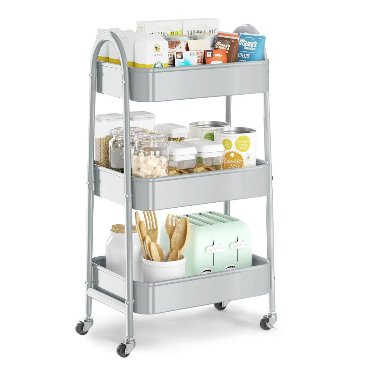 EAGMAK 3 Tier Rolling Cart, Large Metal Storage Cart with Handle and Lockable Wheels, Big Multifunctional Storage Organizer Trolley with Mesh Baskets for Kitchen, Living Room, Office, Garage (Beige)