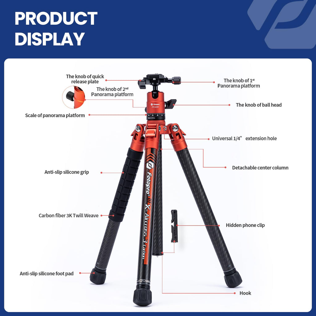 Fotopro 60" Camera Tripod, Carbon Fiber Travel Tripod with 360° Ball Head, Ultralight 2.1lbs, 22lbs Load, Quick Lock, Folds to 14.3" Carry-On, for DSLR Mirrorless Cameras, X-Aircross 3 Blue