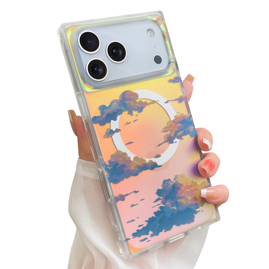 Cute Case for iPhone 13 Pro Case for Women Girls with Iridescent Cloud Pattern Design, Aesthetic Trendy Girly Matte Glitter Sparkly Rainbow Rectangle Protective Phone Cover, Sun Set Sky