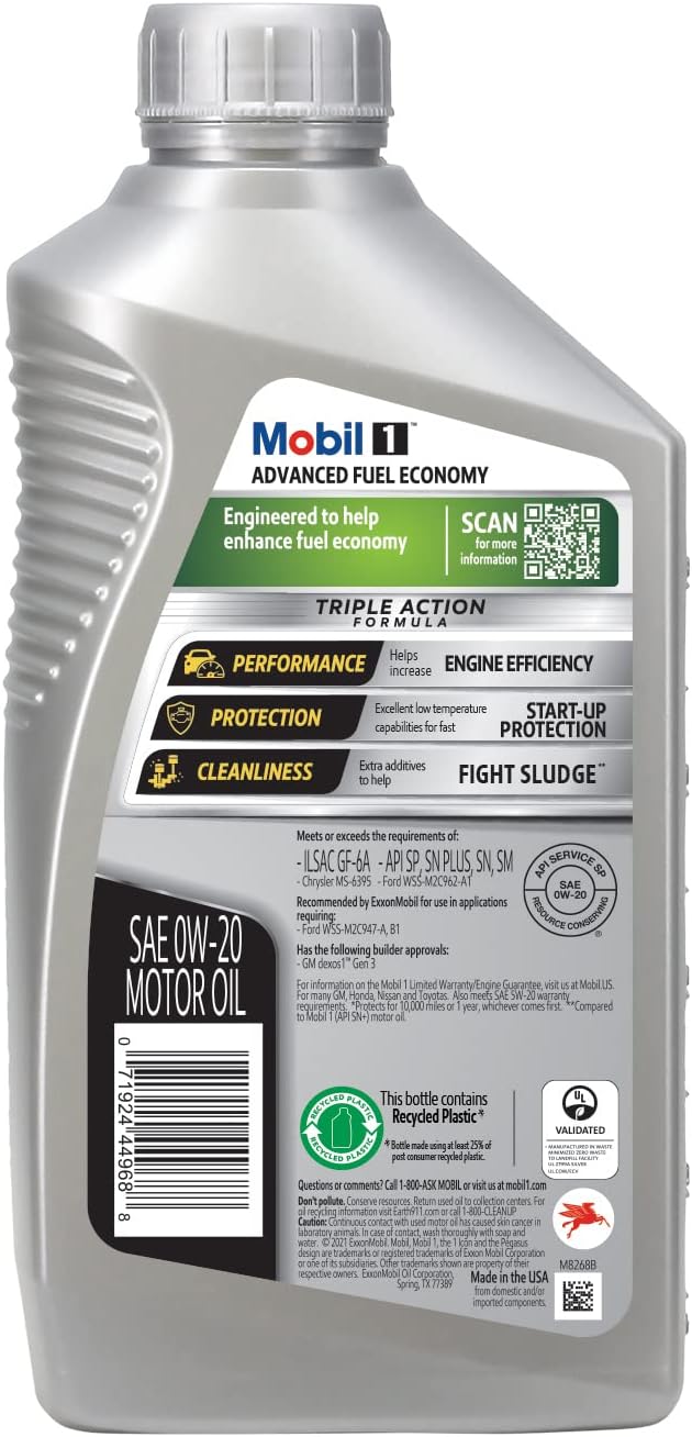 Mobil 1 Advanced Fuel Economy Full Synthetic Motor Oil 0W-20, 6-pack of 1 quarts