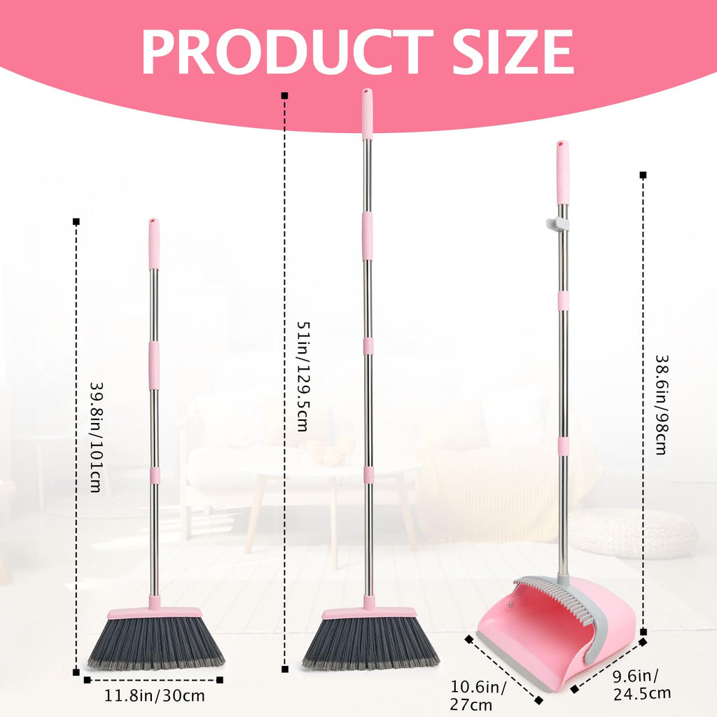 Broom and Dustpan Set with Long Handle, Heavy Dust Broom and Dustpan Combo for Home，Kitchen, Office, Pet Hair(Beige)