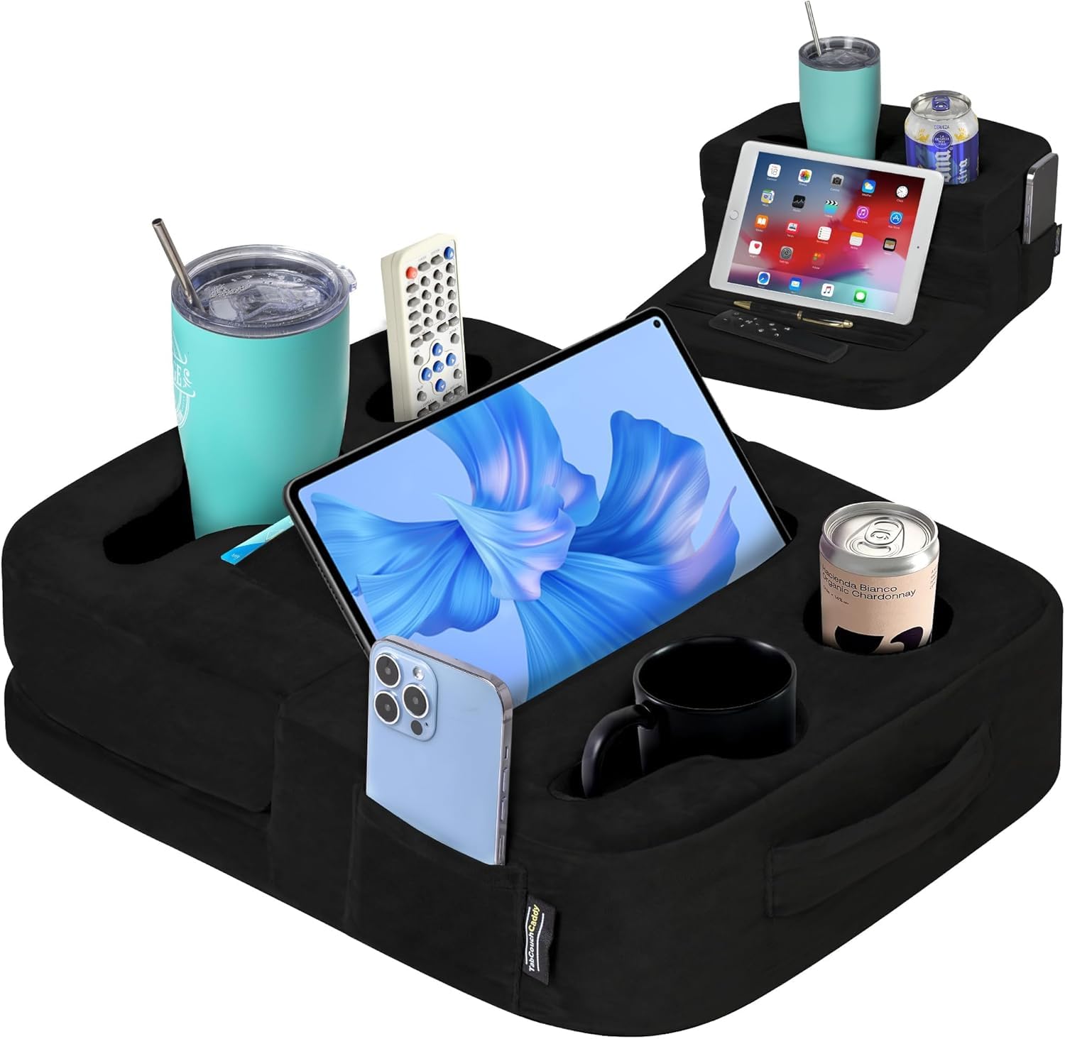 TabCouchCaddy - Couch Cup Holder Tray Pillow - Bed, Couch Caddy, Sofa, RV & Car - Holds Drinks, Snacks, Remotes, Phones, Kindle, Tablet | Bed Cup Holder (Beige)