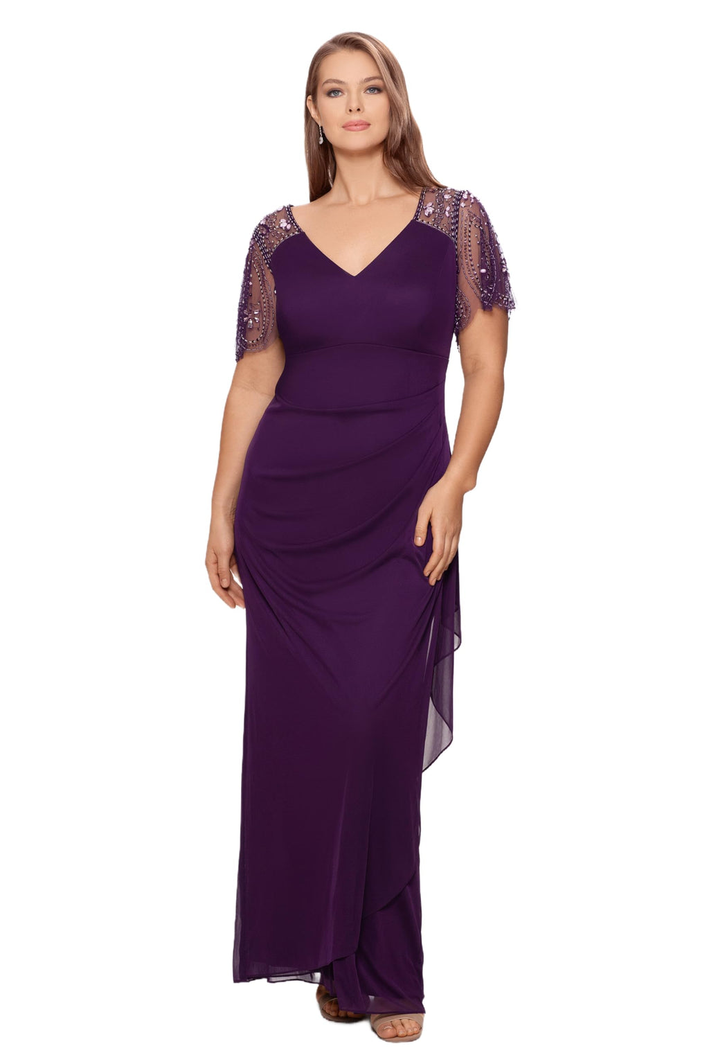 Xscape Floor Length Jersey Knit Evening Gown with V-Neckline, Beaded Flutter Sleeves and Ruched Draping