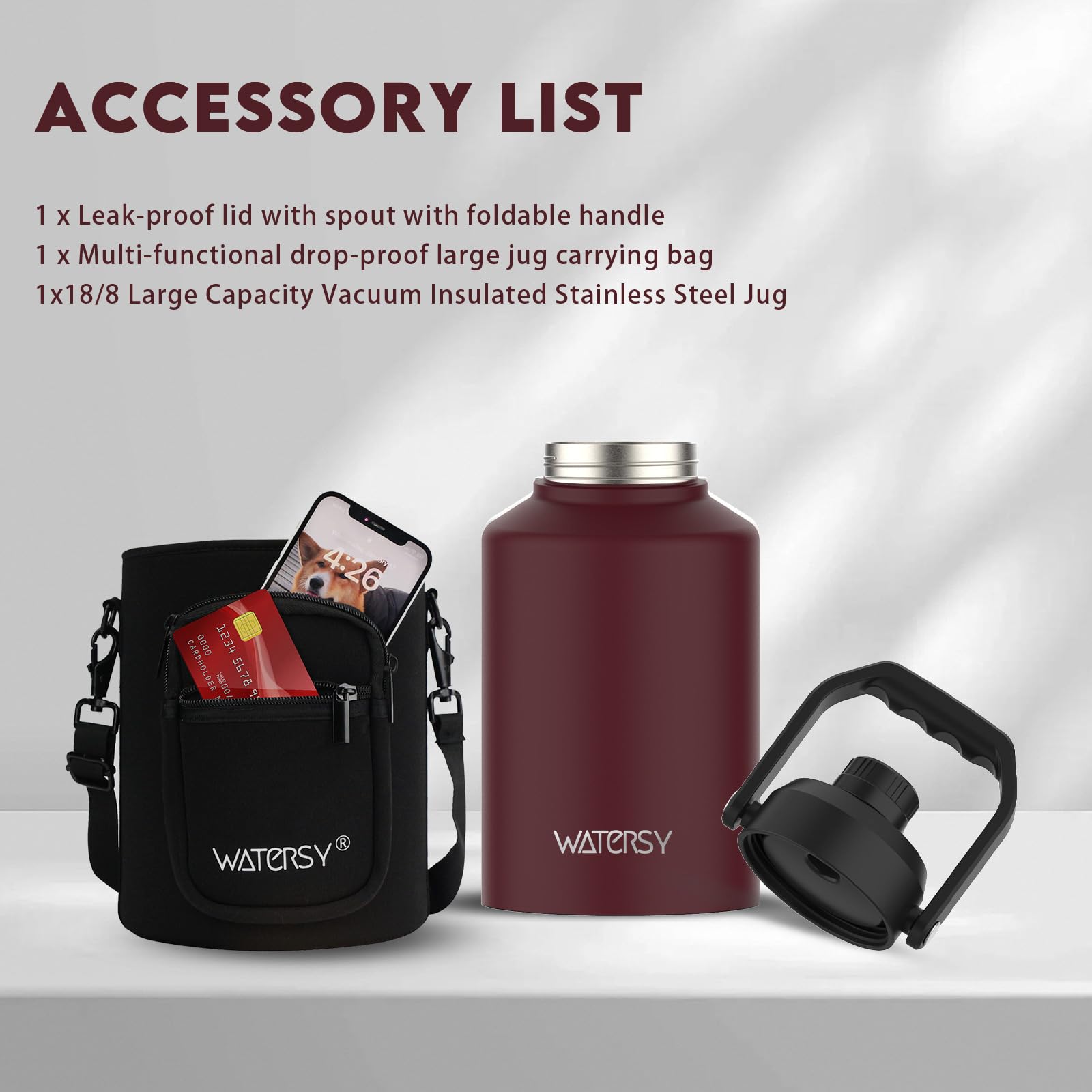WATERSY Half Gallon Water Bottle Insulated(Cold for 48 Hrs),BPA Free&Leak Proof,64oz Stainless Steel Water Jug/Flask,Big thermo,Large Water Bottle with Handle for Gym,Hiking,Camping,Black