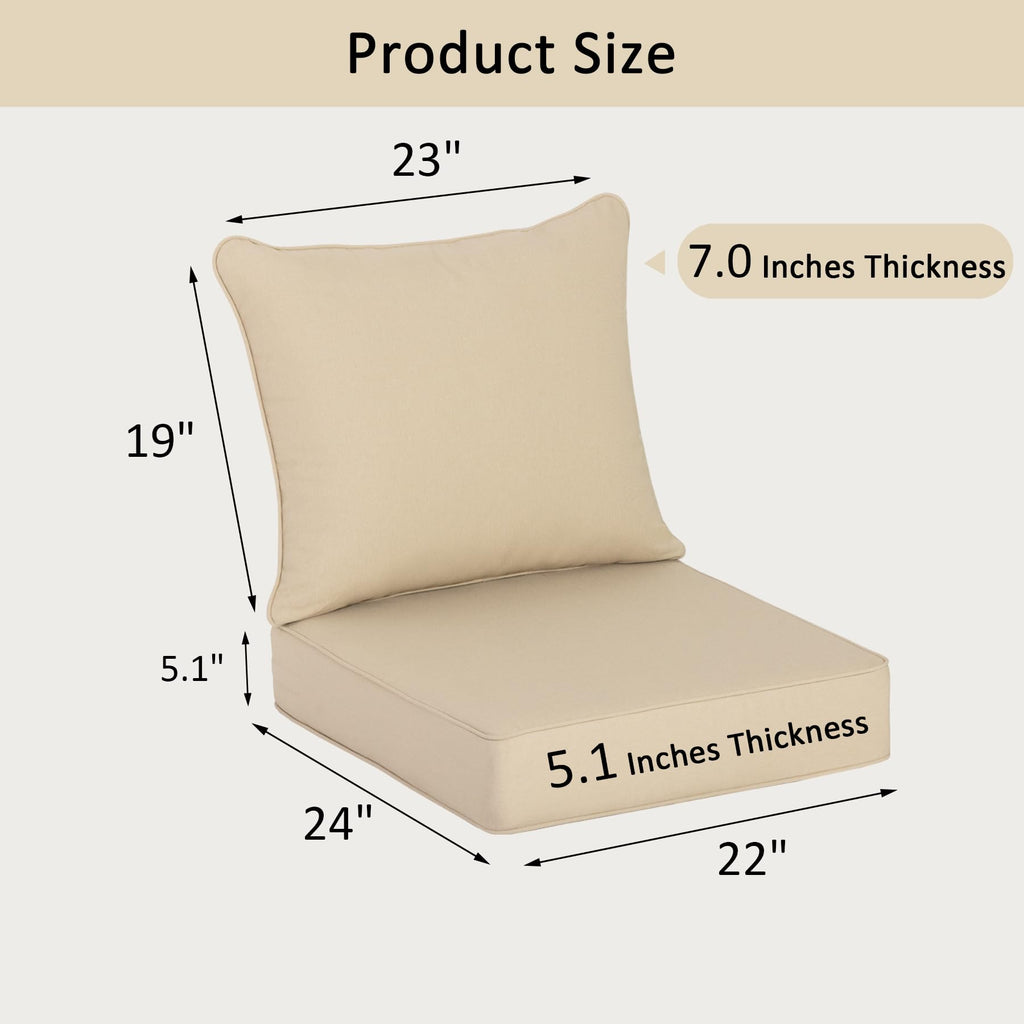 COZYVIDA 5.1" Thick Outdoor Patio Cushions Set of 2, 22"x24"x5.1" Seat, C0 Water-Resistant Breathable Fabric, UV-Resistant 1000+ Hrs, 35D Foam with Recycled Fiber Fill,Beige