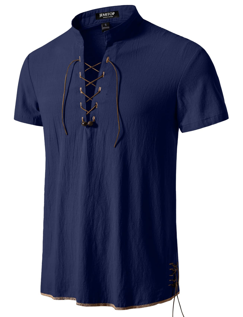 JEMITOP Men's Pure Cotton Vintage Short Sleeve Lace Up Shirts for Renaissance Pirate Viking Medieval Costume