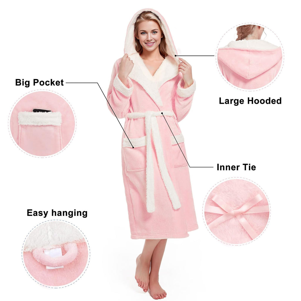 Inner Wish Women Hooded Plush Robe, Fleece Highly Absorbent Cozy Warm Bathrobe