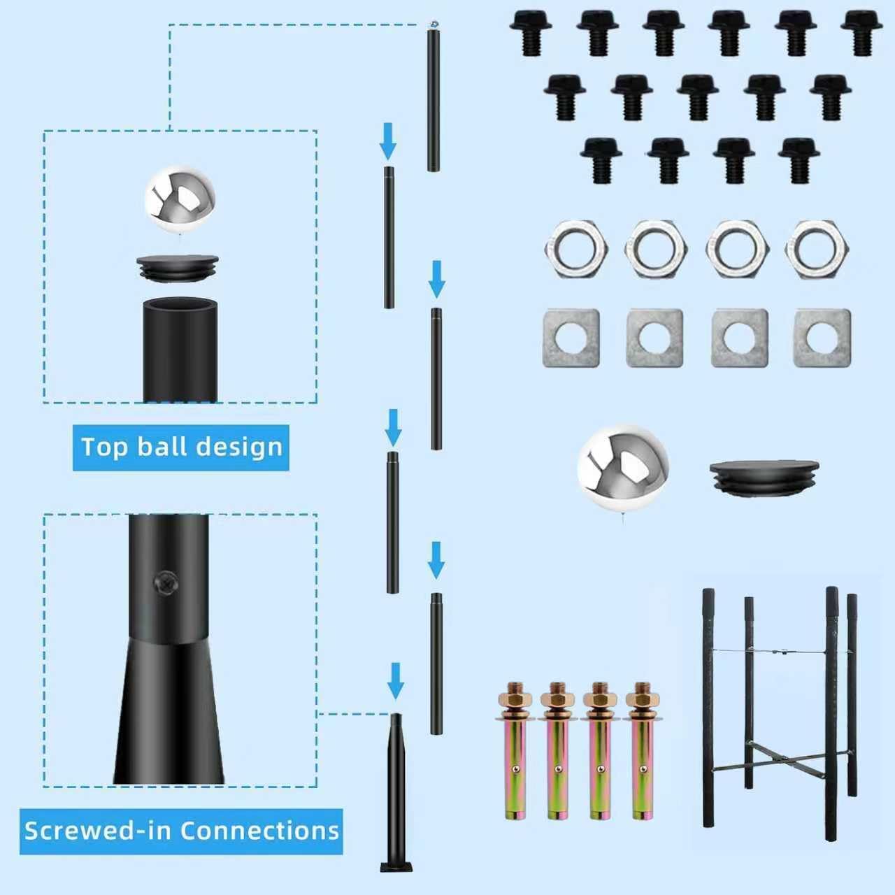 Outdoor Light Pole with Fillable Base, 8ft Cast Iron Lamp Post, 5-Section Heavy Duty Adjustable Pole for Garden, Yard, Pathway & Parking Lot, Portable Sand/Water Box Street Light Stand