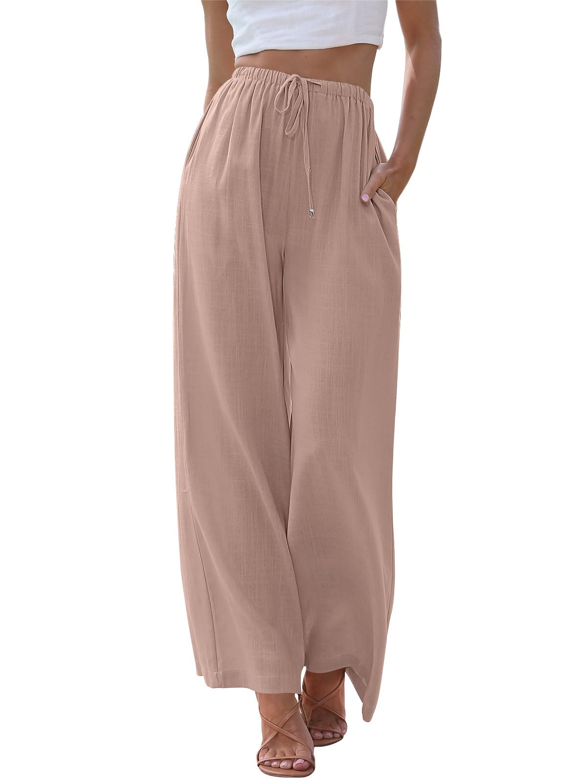 LILLUSORY Women's Linen Summer Palazzo Pants Flowy Wide Leg Beach Pants with Pockets