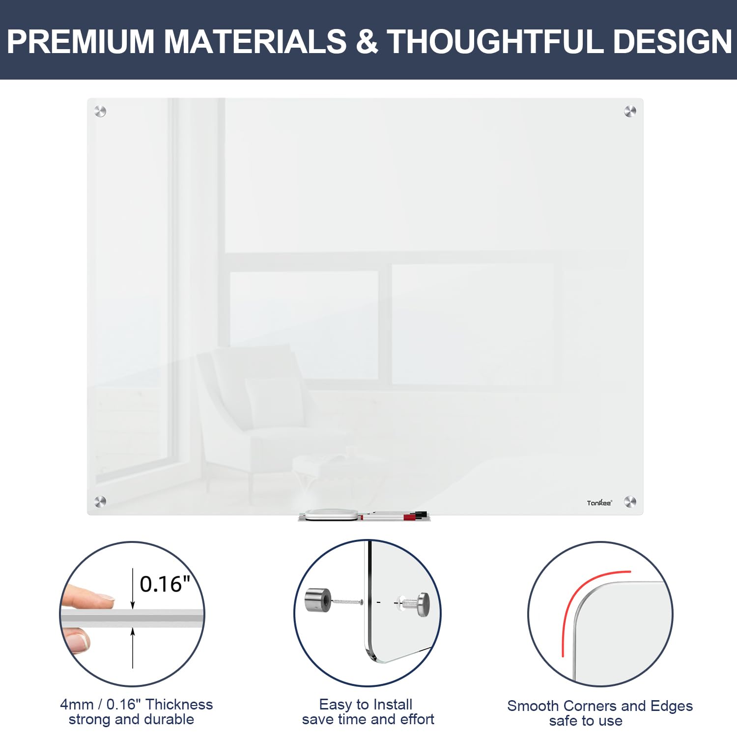 Dry Erase Board Black Magnetic Glass Whiteboard, TANKEE Modern Large Frameless Tempered Glass White Board for Wall, Office, School, Home, 36” x 24”, 3' x 2' White Board