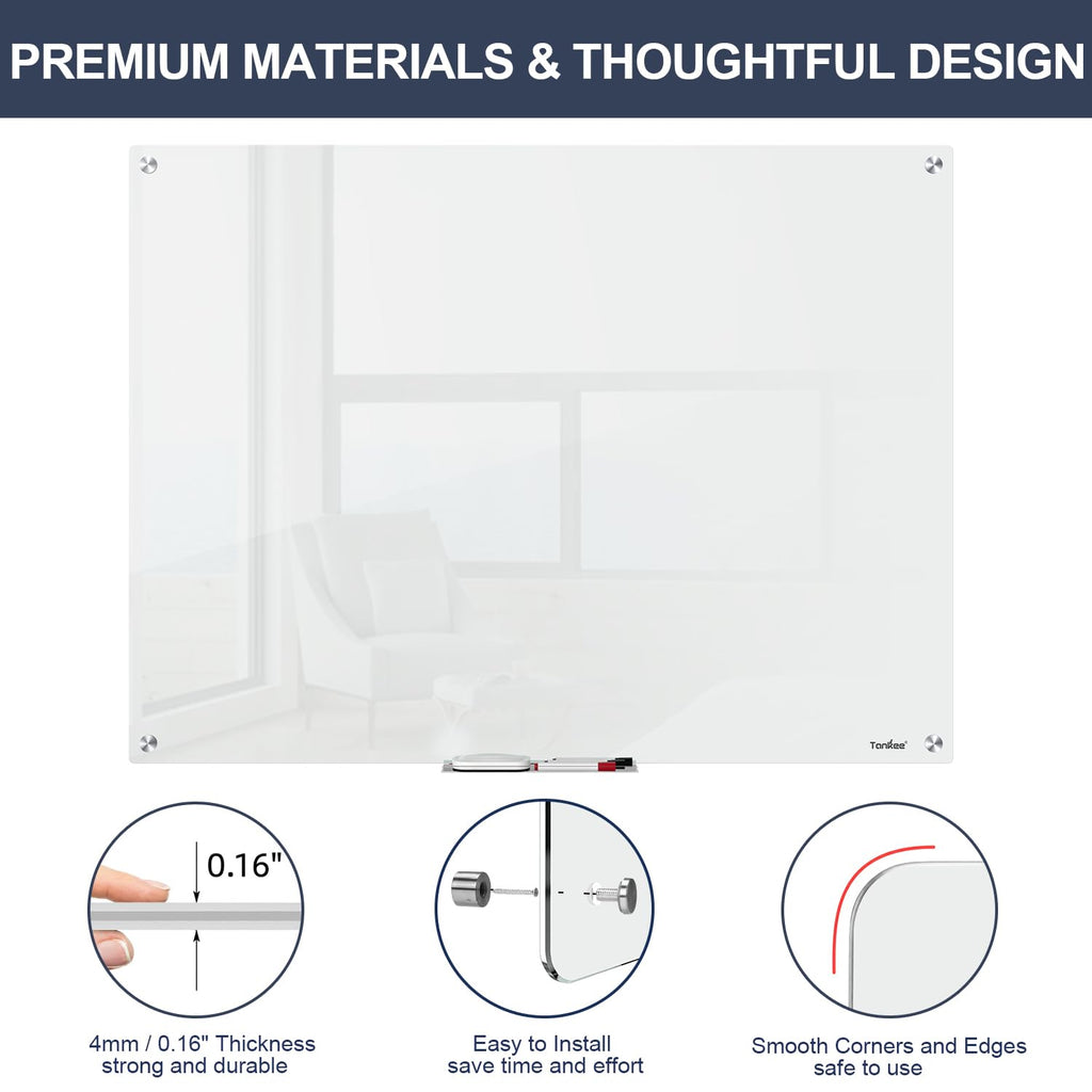 Dry Erase Board Black Magnetic Glass Whiteboard, TANKEE Modern Large Frameless Tempered Glass White Board for Wall, Office, School, Home, 36” x 24”, 3' x 2' White Board