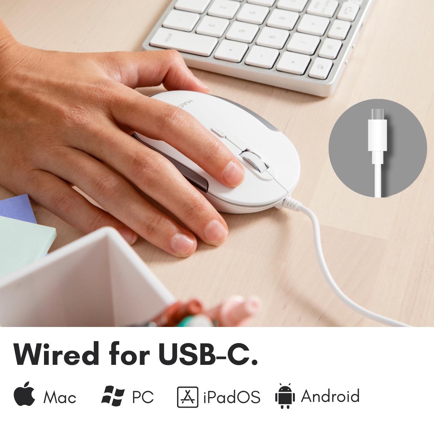 Macally Wired USB C Mouse for Mac and PC - Slim, Quiet, and Reliable - Type C Mouse for MacBook Pro/Air, iMac, Apple iPad, Laptop, Computer Desktop with 3 Button, Scroll Wheel, USBC, and 4 DPI Mode