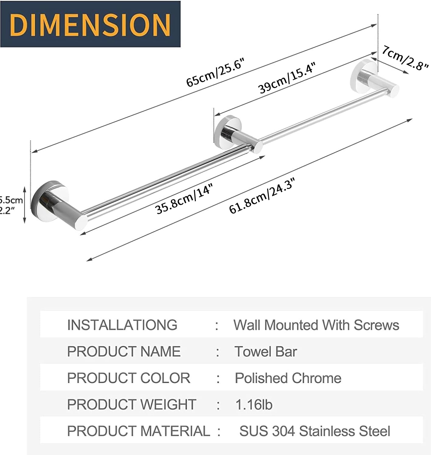 BESy Adjustable 15 to 26 Inch Single Bath Towel Bar for Bathroom SUS304 Stainless Steel Towel Holder, Wall Mount with Screws Hand Towel Bar Rod Hotel Style, Brushed Gold