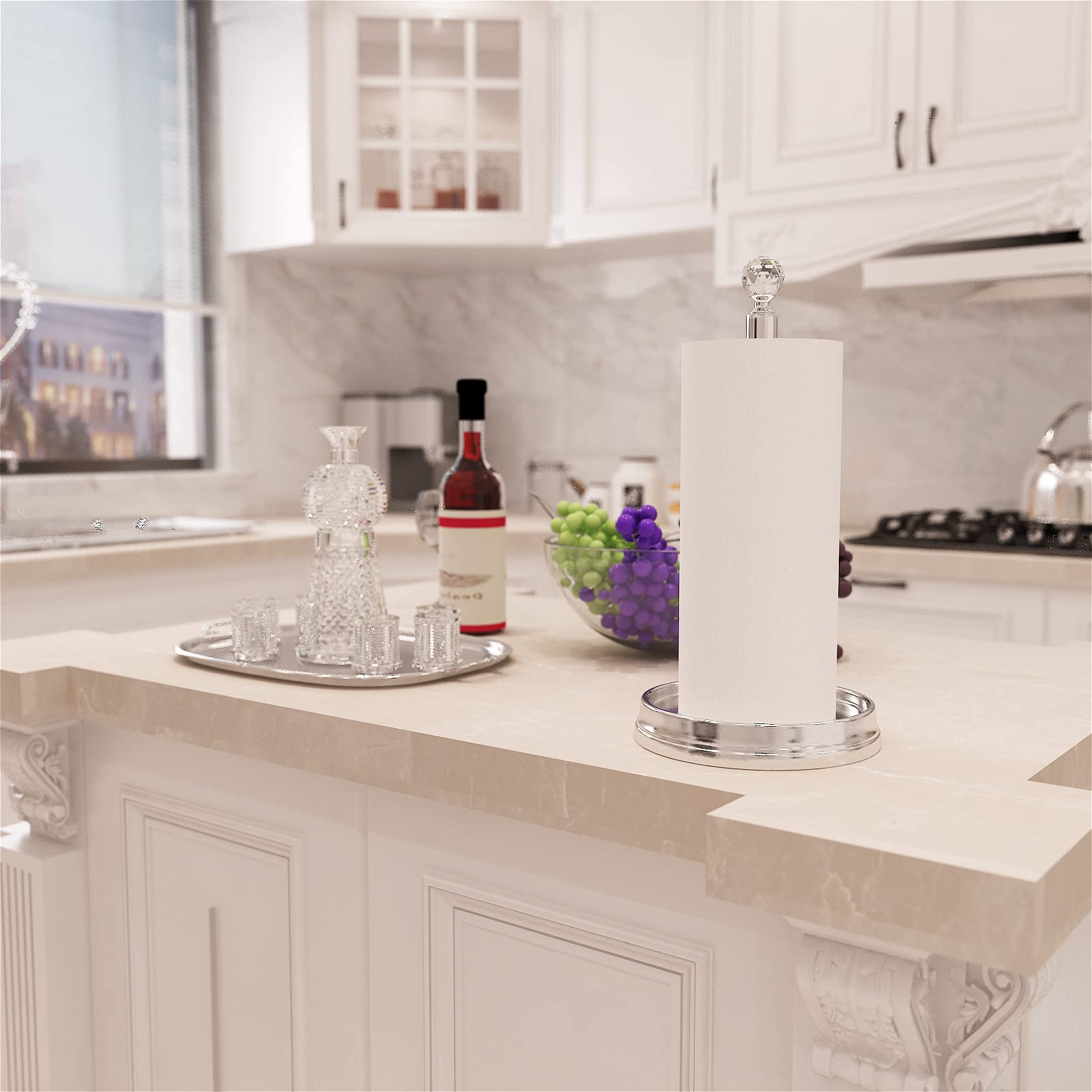 KASUNTO Paper Towel Holder with Crystal Ball - Steel Countertop Stand, Fits Standard & Jumbo Rolls, Brushed Nickel