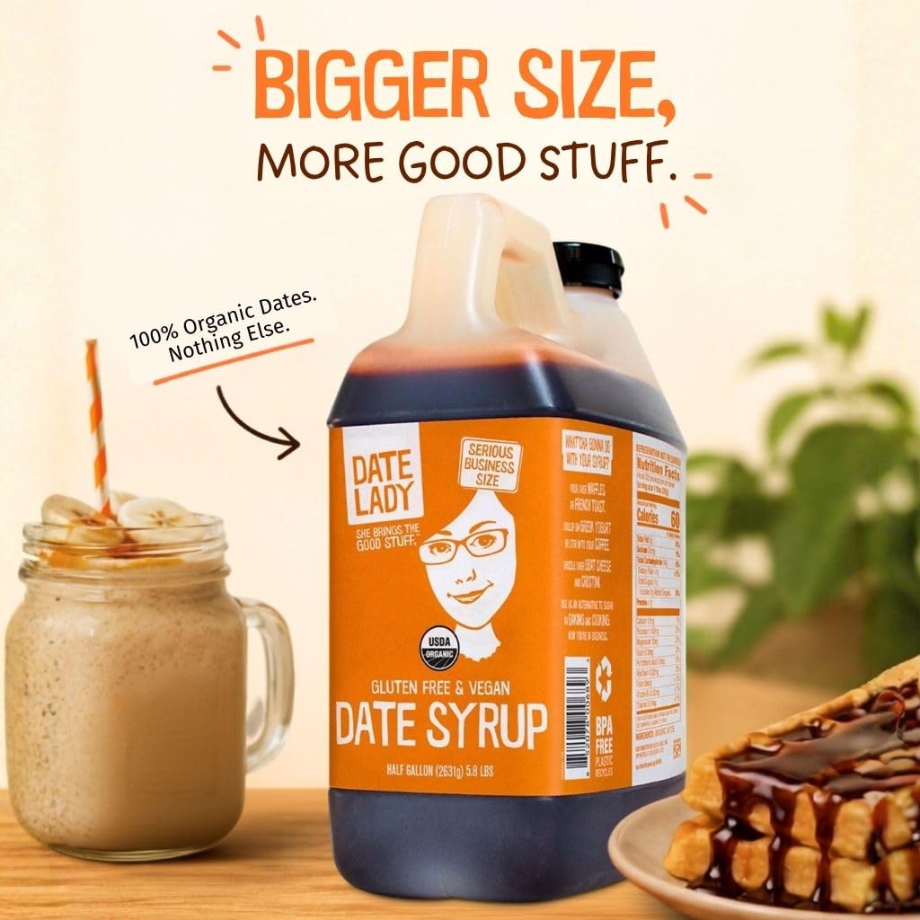 Date Lady Date Syrup 3 lb Squeeze Bottle | 1 ingredient: 100% Organic Dates. Vegan, Paleo, Gluten-free & Kosher | Also Known As Silan, Date Honey and Date Nectar | Sugar Substitute