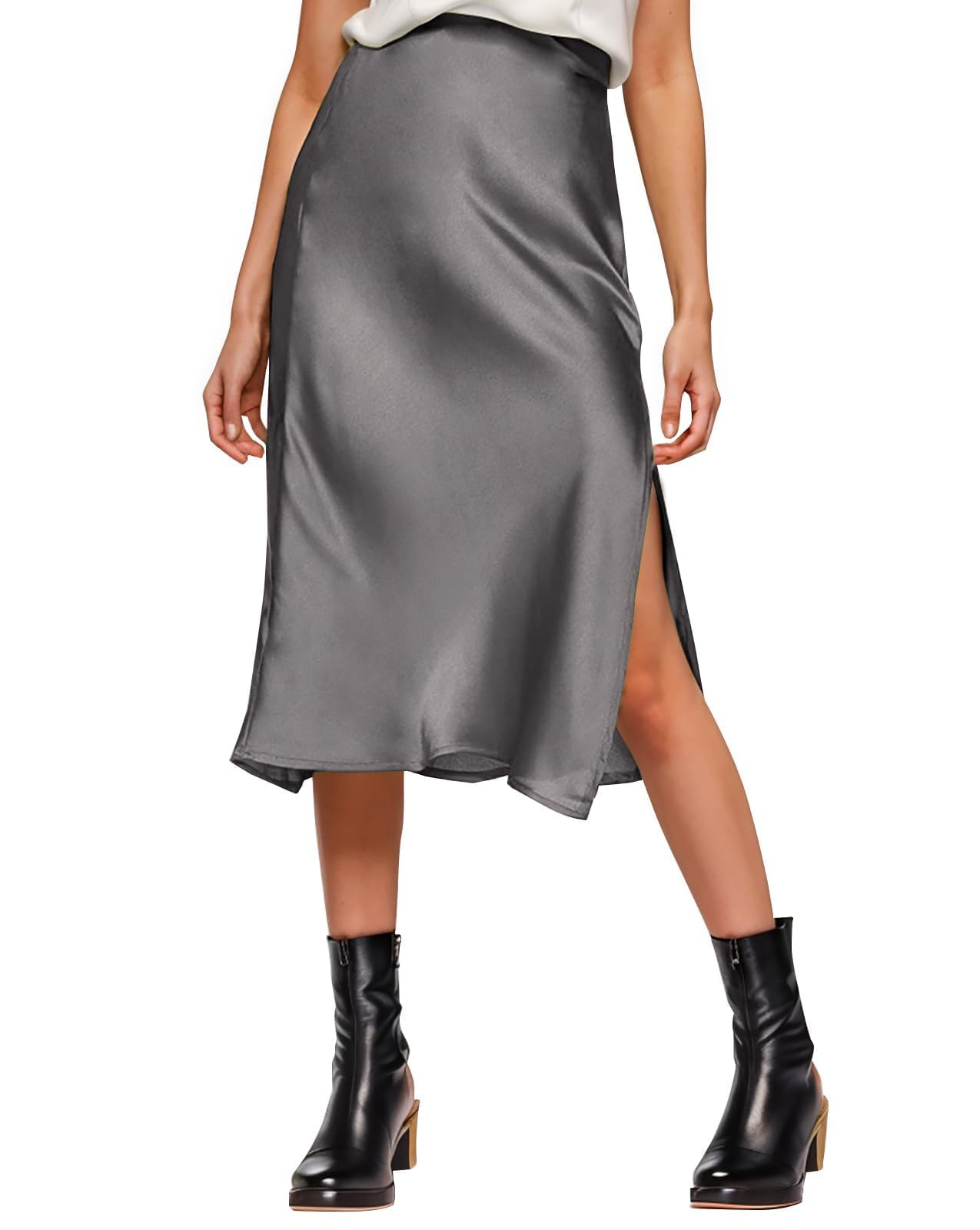 Amy Babe Womens Satin Silk High Waist Slit Midi Skirt Elastic Waistband Midi Skirts for Women
