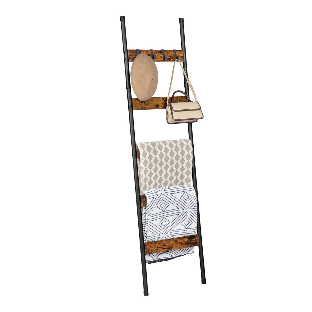HOOBRO Blanket Ladder, 5-Tier Towel Rack with Hooks, Wall-Leaning Blanket Rack, Decorative Display Ladder Shelf, Scarves, Industrial, Living Room, Bedroom, Black BB52CJ01