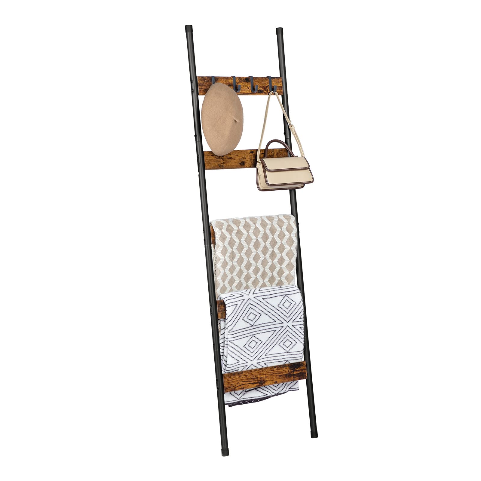 HOOBRO Blanket Ladder, 5-Tier Towel Rack with Hooks, Wall-Leaning Blanket Rack, Decorative Display Ladder Shelf, Scarves, Industrial, Living Room, Bedroom, Black BB52CJ01