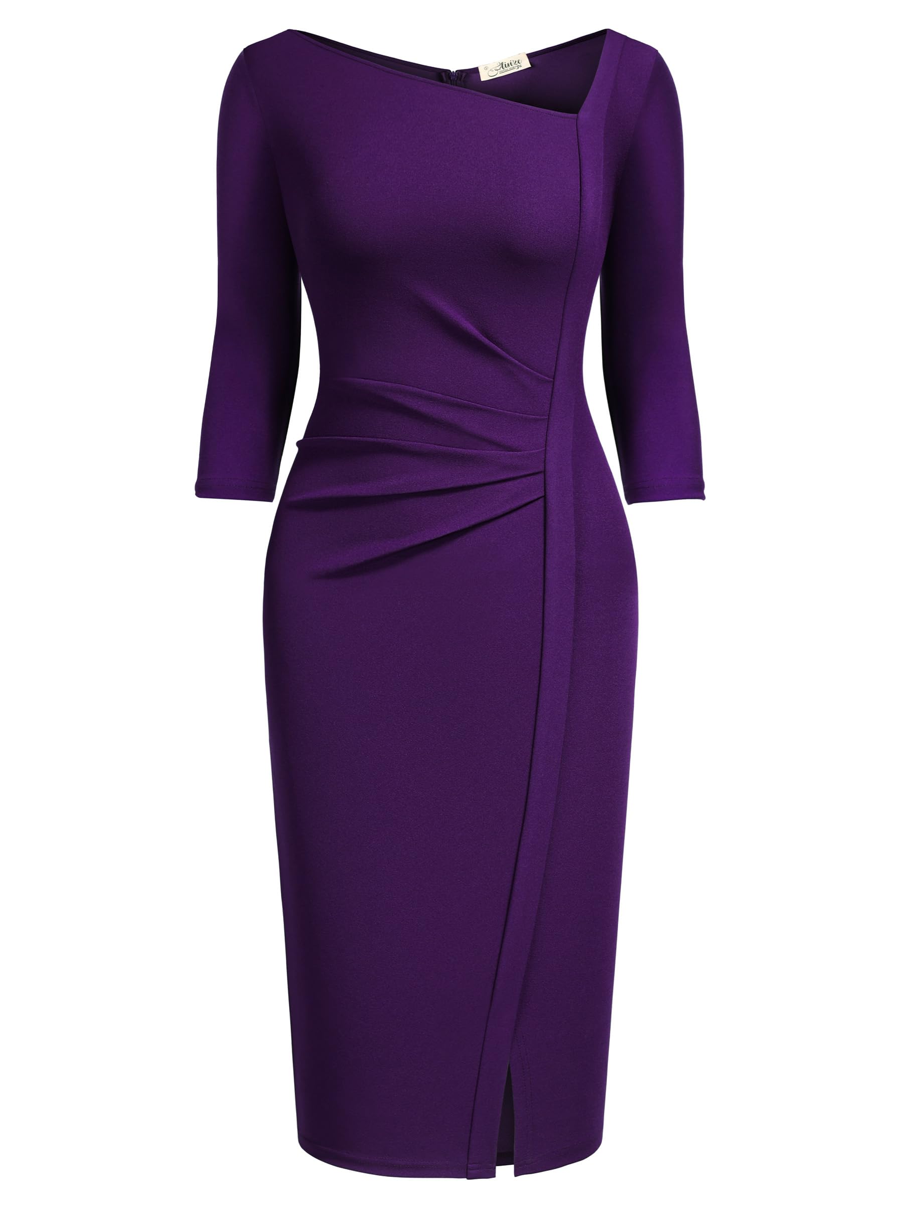 AISIZE Women's Retro 3/4 Sleeve Ruched Elegant Business Pencil Sheath Dress