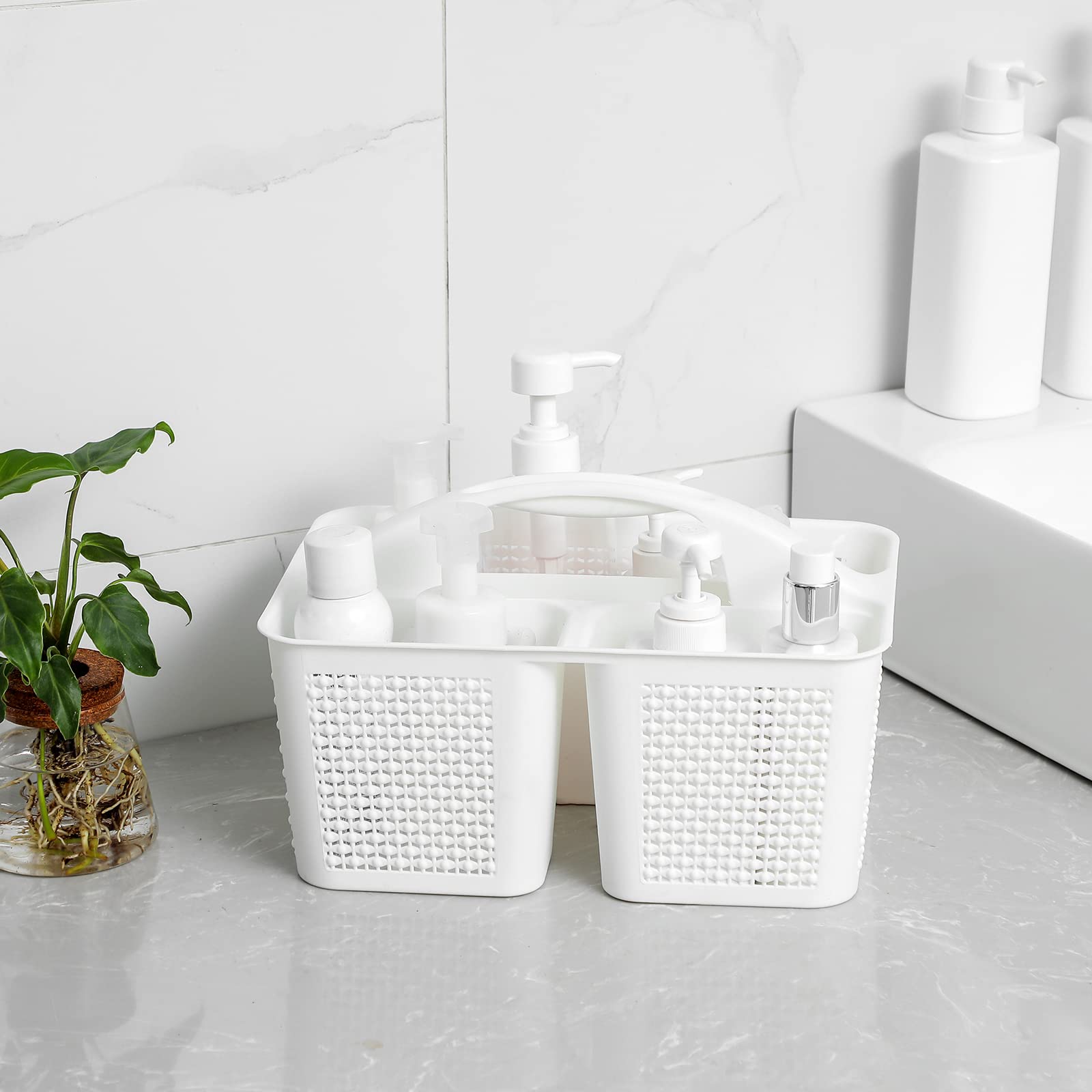 UUJOLY Plastic Portable Shower Caddy Basket Bucket, Cleaning Shower Basket with Handle Compartments Storage Basket Organizer for Bathroom Kitchen College Dorm Sink, Beige