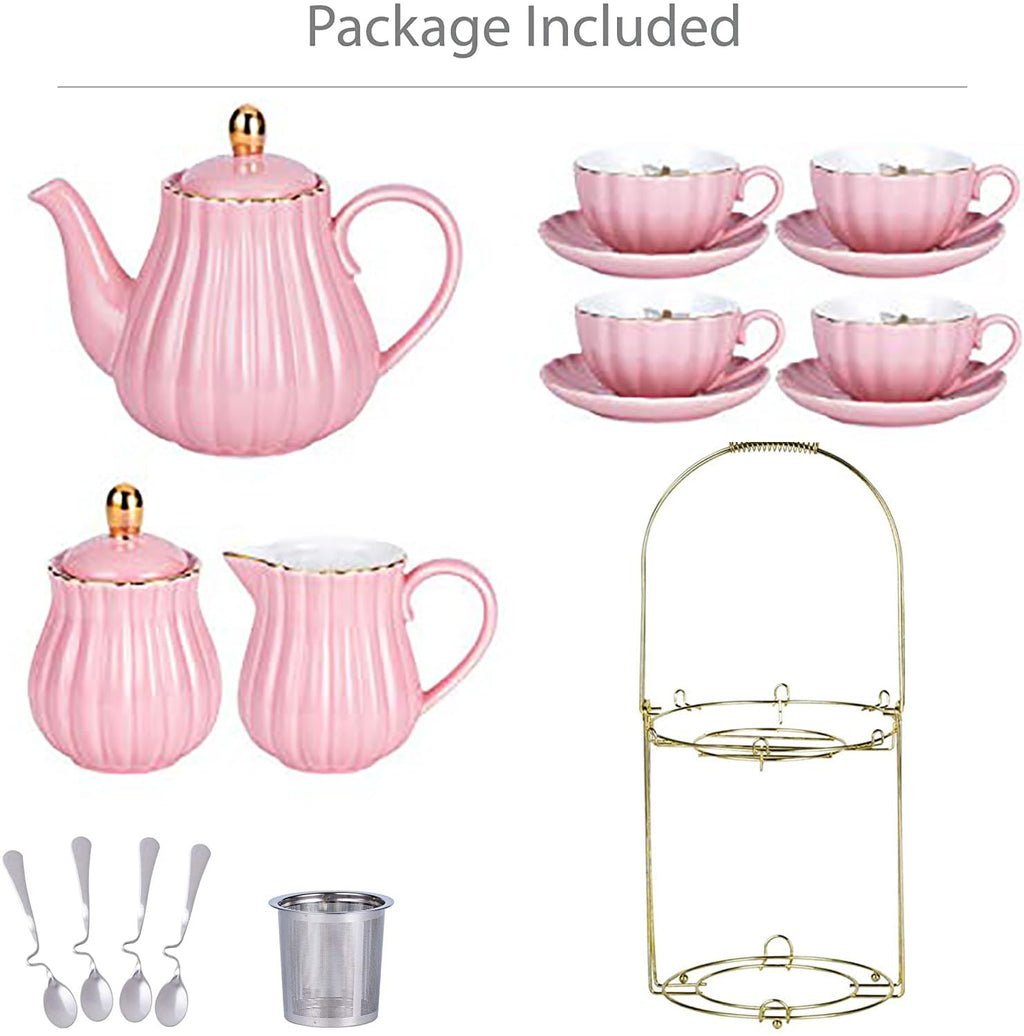 Jusalpha Serve for 6- Fine China Pink Coffee Cup/Teacup Set, 8 OZ Cups& Saucer, with Teapot-Sugar Bowl-Cream Pitcher Teaspoons and tea strainer for Tea/Coffee (Lavender, Serve of 6)