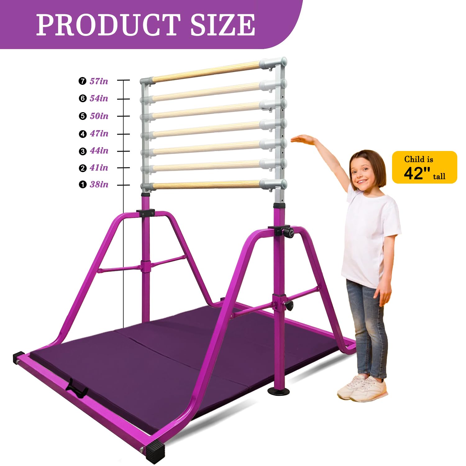 Foldable & Moveable Gymnastics Horizontal Bar with Rings,3’to 5’Adjustable Height Expandable Junior Kip Bar for Home,Indoor Gym Equipment for Kids