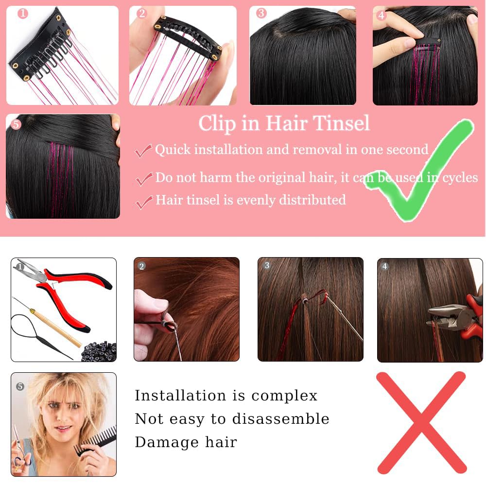 Clip in Hair Tinsel, Pack of 12 Pcs 20 Inch,Glitter Tinsel Hair Extensions, Festival Tinsel Fairy Hair Extension Party Dazzle Hair Accessories Strands Kit for Women Girls(12Pcs,Black#)