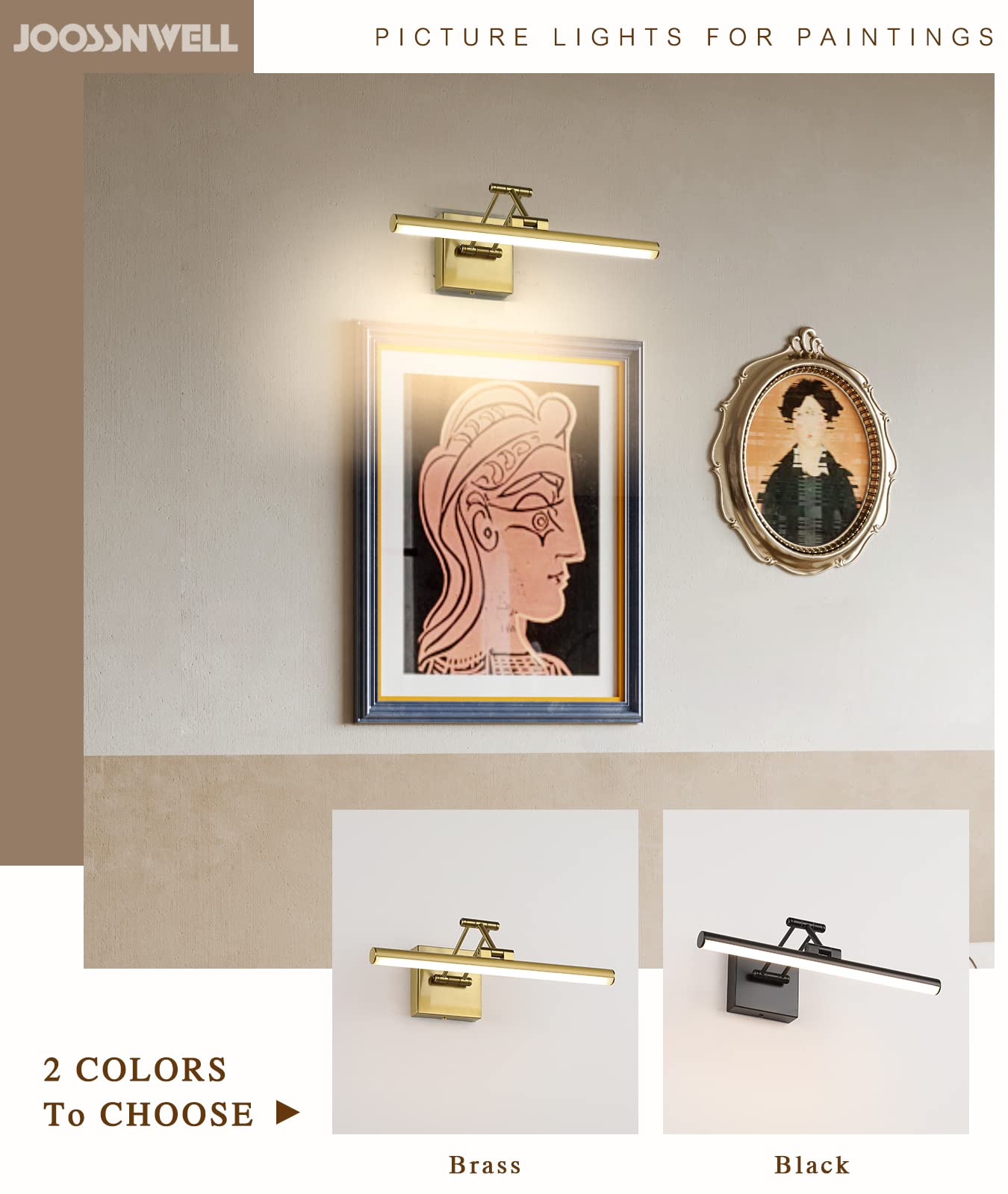 Joossnwell LED Picture Lights for Paintings Dimmable 15.5 Inch Long Hard-Wired Picture Frame Lights Brass Gallery Wall Light with Adjustable Swing Arm Art Display Lamps 7W 3000K Warm White