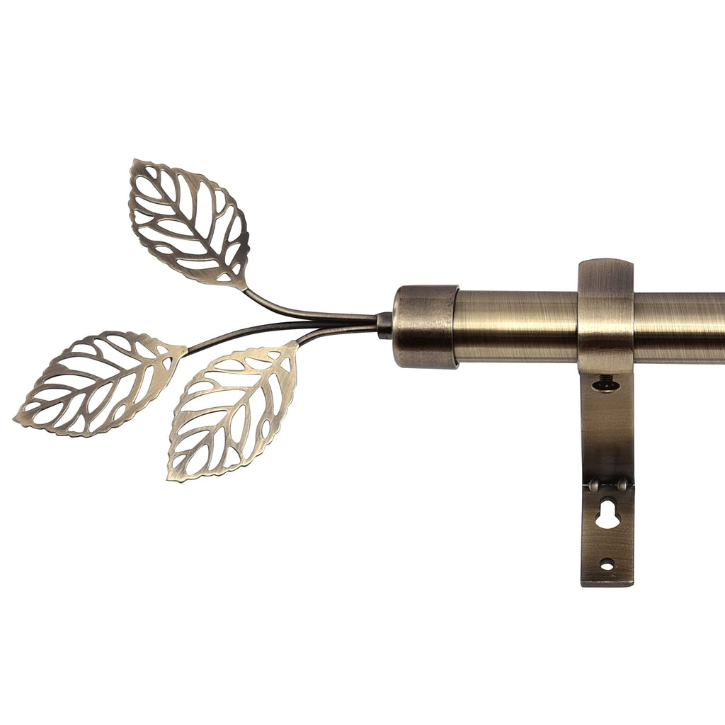RYB HOME Small Curtain Rod 28 to 48 Inch Adjustable Telescoping Blackout Decorative Drape Rod with Leaf Finial for Cafe Kitchen Kids Bedroom Bathroom Shower Living, Antique Brass, 1 Inch Diameter