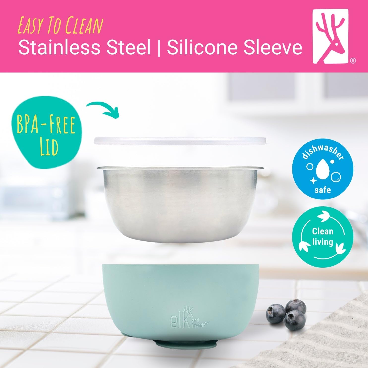 Elk and Friends Stainless Steel Bowls + Silicone Sleeve and Storage Lid | Baby, Toddler, Kids | Cereal & Snack Bowls | Storage Containers | Dishwasher Safe | 4 Pack