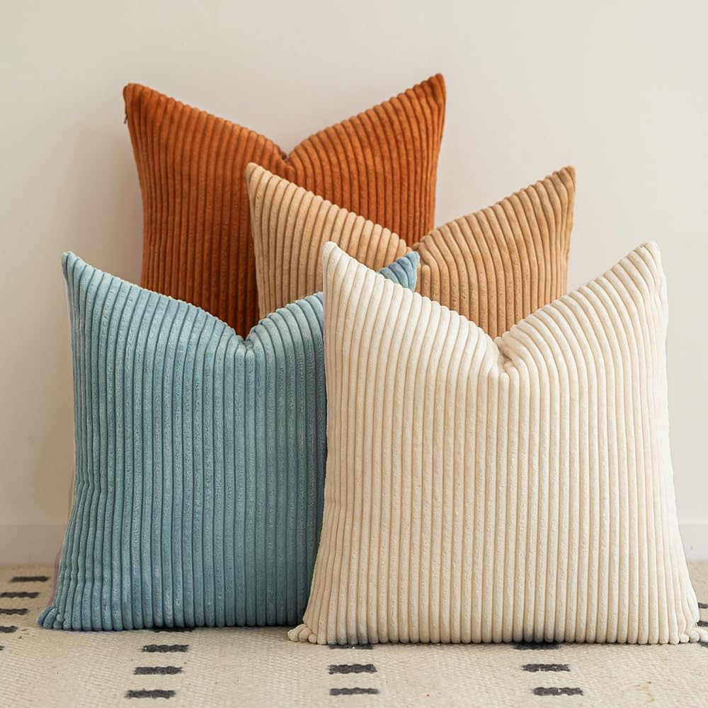 LANANAS Neutral Couch Throw Pillow Covers 18x18 Inch Set of 4 Decorative Farmhouse Boho Throw Pillows for Living Room, Couch, Bed, Sofa Soft Corduroy Accent Home Decor (Blue Ocean, 18x18 Inch)