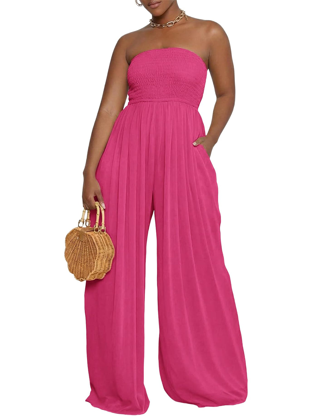 Ophestin Women's Strapless Tube Wide Leg Jumpsuits Smocked Women Jumpsuits Dressy Casual Flowy One Piece Jumpsuits Rompers