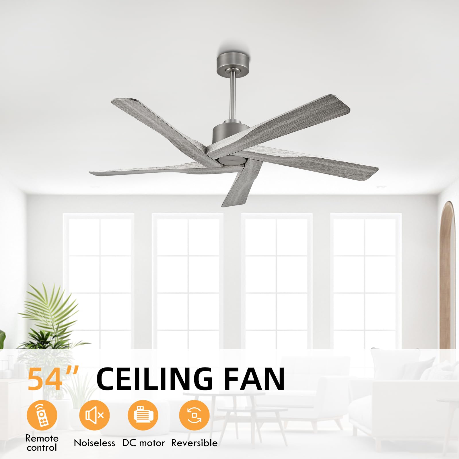 WINGBO 54" ABS DC Ceiling Fan No Light, 5 Blade Wood Grain ABS Ceiling Fan with Remote, 6-Speed Reversible DC Motor, Ceiling Fans without Light for Kitchen Bedroom Living Room, Antique Nickel and Grey