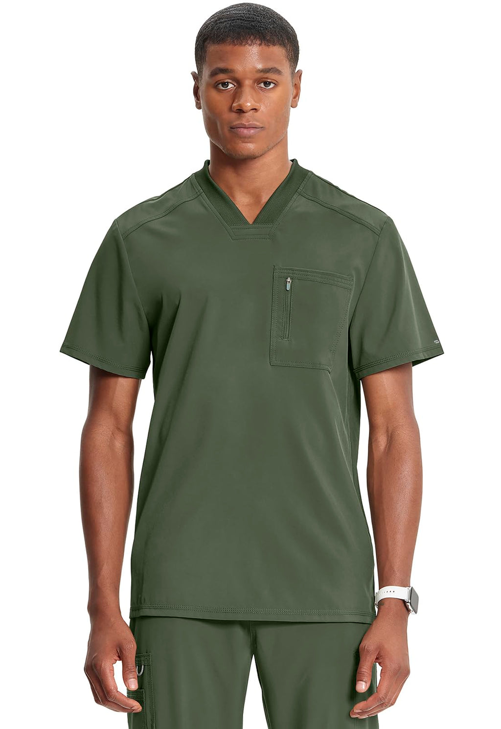 Cherokee Infinity Mens Tuckable V-Neck Scrub Top Modern Fit, 2 Pockets, Zip Chest Pocket, Rib-Knit, 360° Stretch – CK910A
