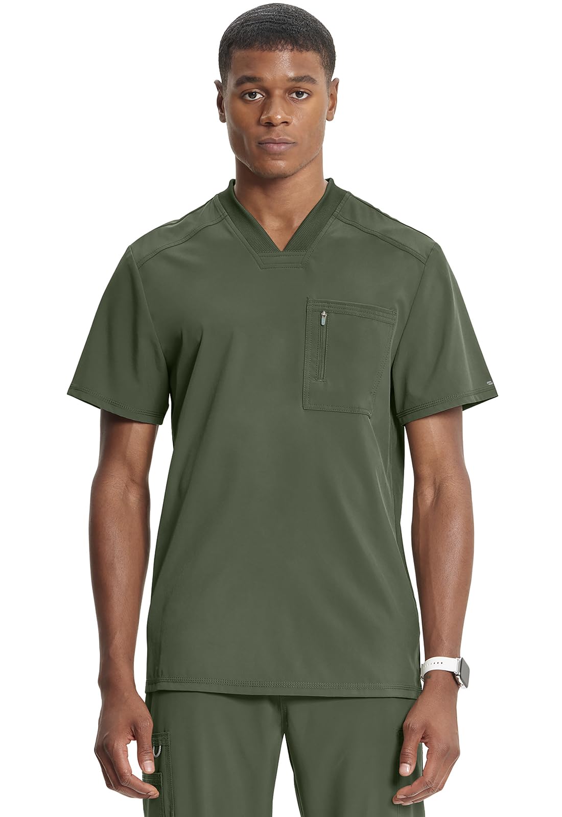 Cherokee Infinity Mens Tuckable V-Neck Scrub Top Modern Fit, 2 Pockets, Zip Chest Pocket, Rib-Knit, 360° Stretch – CK910A