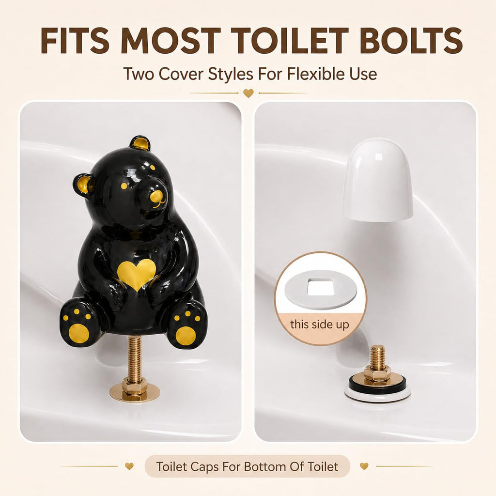 MENNTY Black Polar Bear Toilet Bolt Covers Decorative - 2 Glossy Black Ceramic Toilet Bolt Caps + 4 Universal Toilet Caps for Bottom of Toilet, Modern Monochrome Bathroom Decor