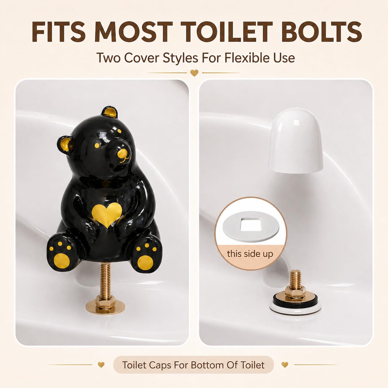 MENNTY Black Polar Bear Toilet Bolt Covers Decorative - 2 Glossy Black Ceramic Toilet Bolt Caps + 4 Universal Toilet Caps for Bottom of Toilet, Modern Monochrome Bathroom Decor