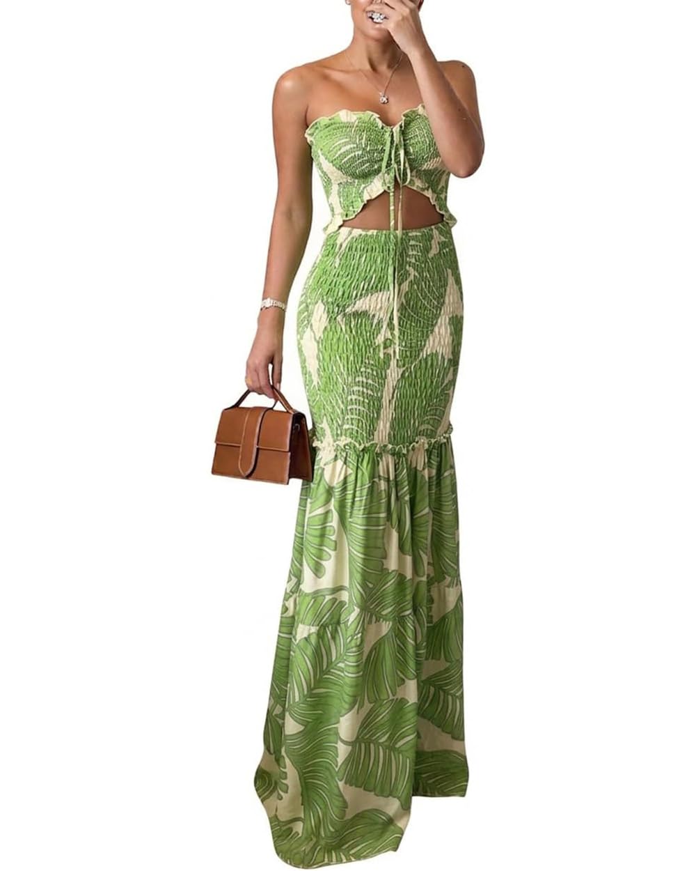 CHICME Floral Printed Vacation Dress Halter Tie Ruched Shirred Bandeau Party Dress Slim Ruffle Hem Wedding Guest Dress