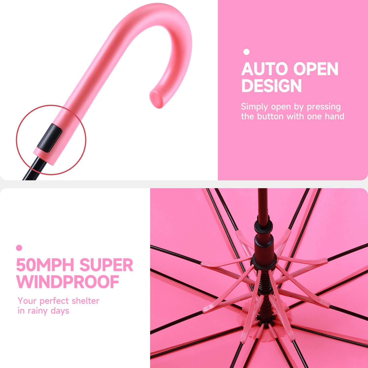 RUMBRELLA UV Stick Umbrella Auto Open UPF 50+ with J Hook Handle 51IN