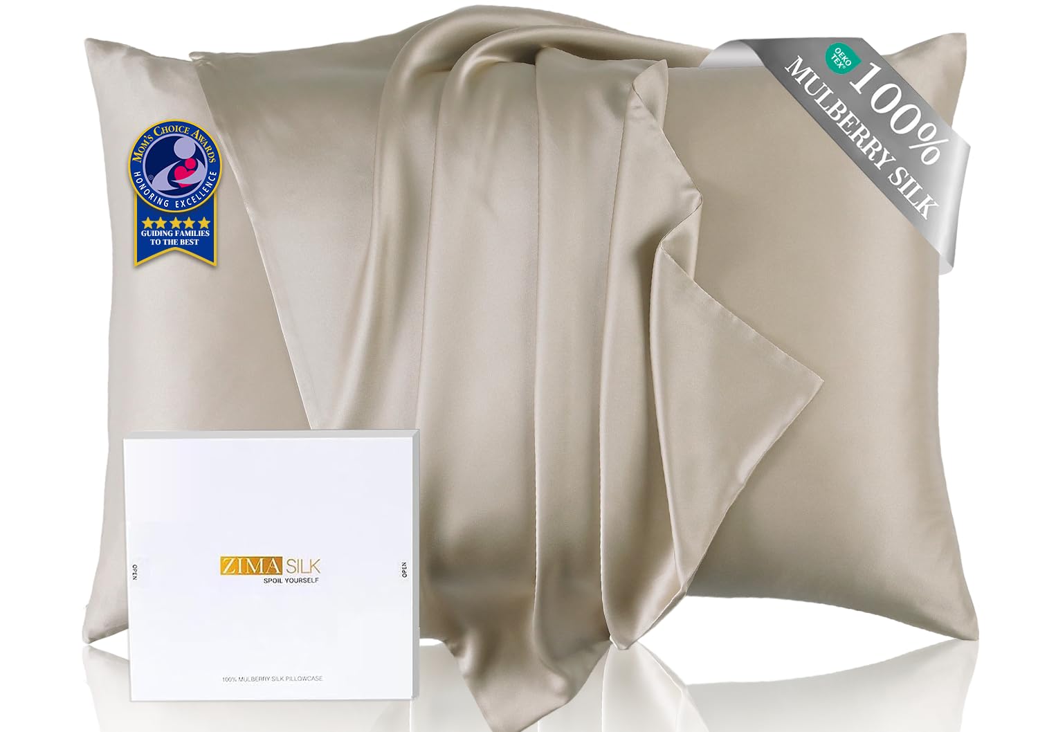 ZIMASILK Upgraded 100% 6A Grade Pure Mulberry Silk Pillowcase for Hair and Skin Silk Pillow Cases with Reinforced Hidden Zipper, More Soft & Durable, Gift Box (Standard 20"x26" Beige)