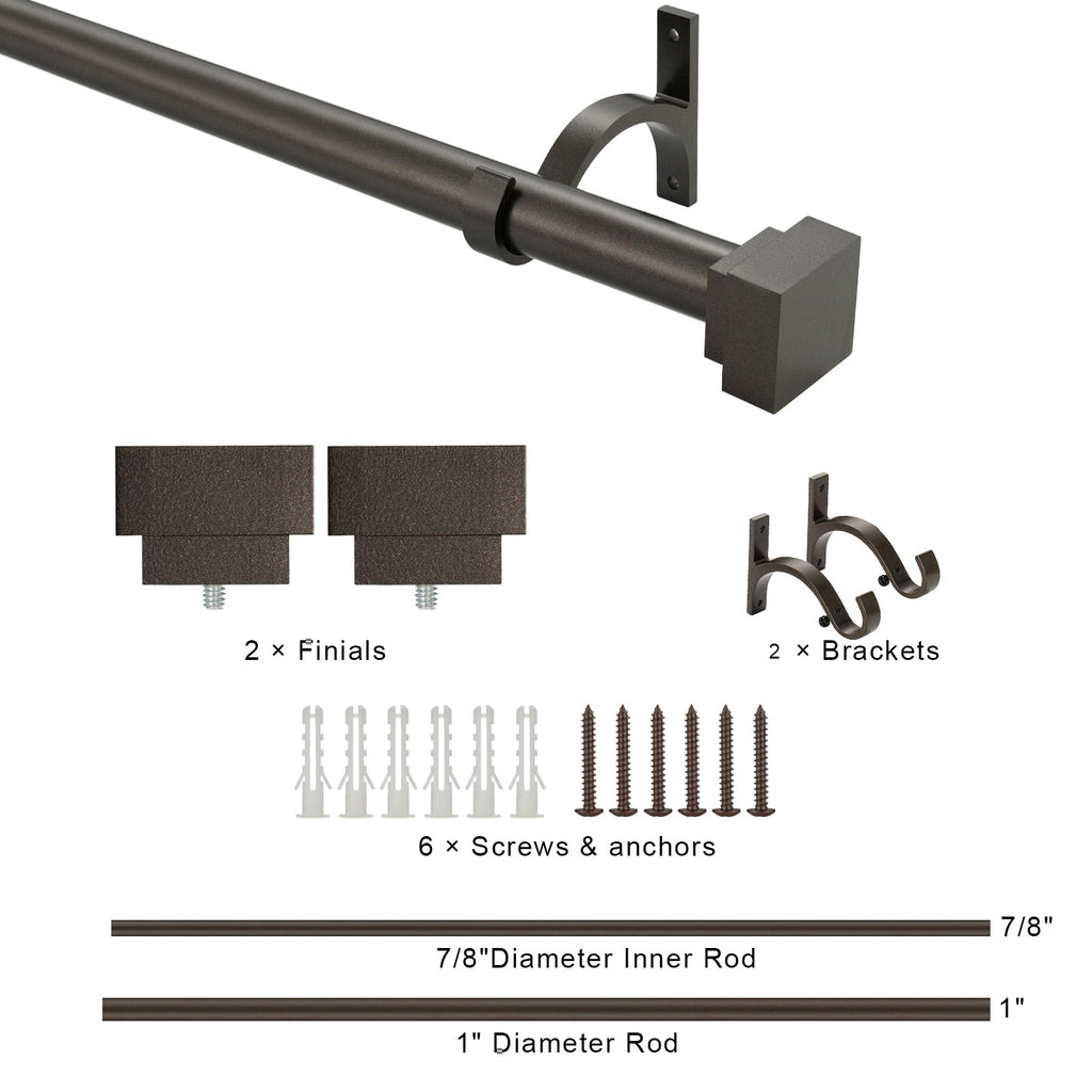 Single Curtain Rods for Windows 28 to 48 Inch(2.3-4ft),1 Inch Diameter Adjustable Heavy Duty Drapery Rods,with Modern Square Aluminum Alloy Finials,Antique Bronze
