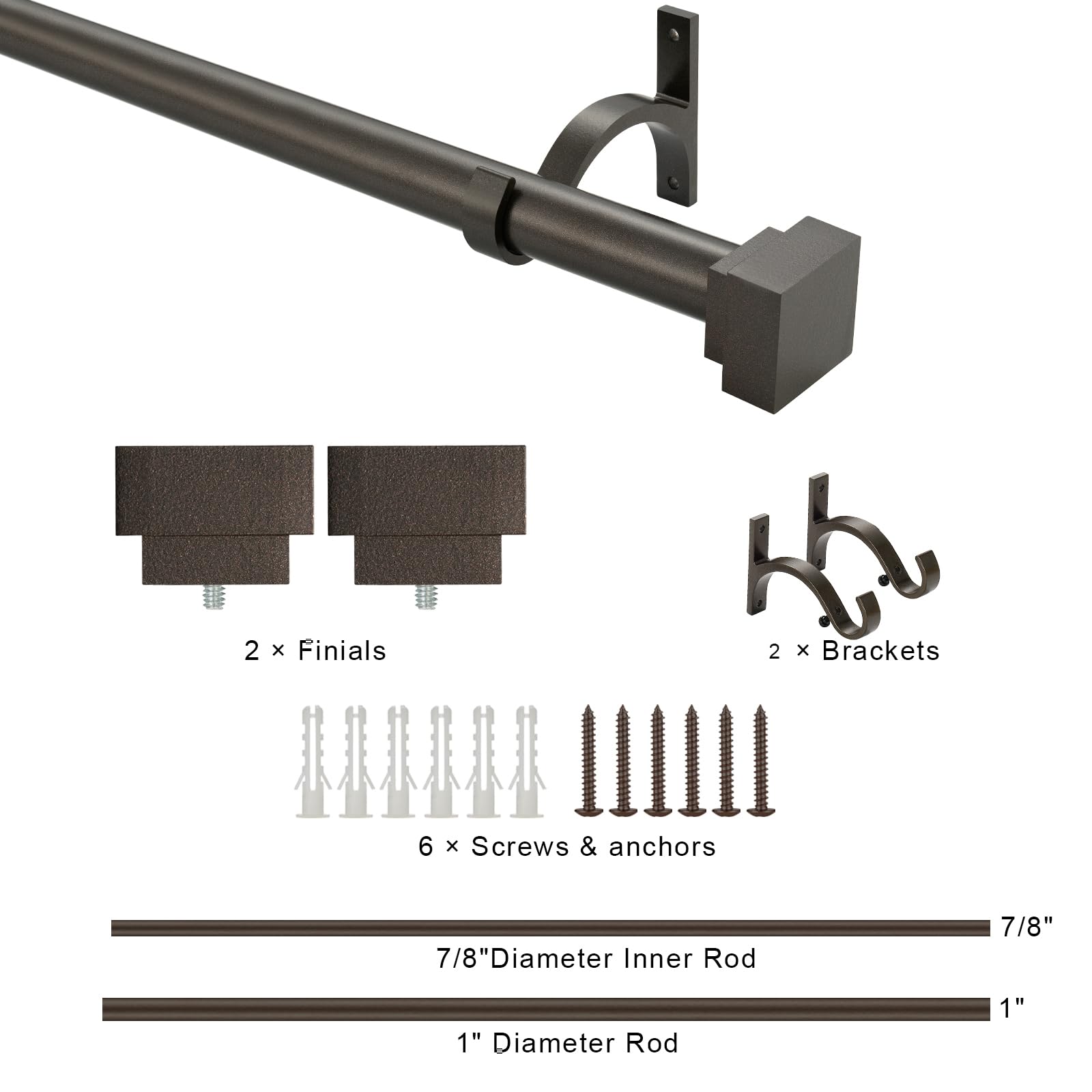 Single Curtain Rods for Windows 28 to 48 Inch(2.3-4ft),1 Inch Diameter Adjustable Heavy Duty Drapery Rods,with Modern Square Aluminum Alloy Finials,Antique Bronze