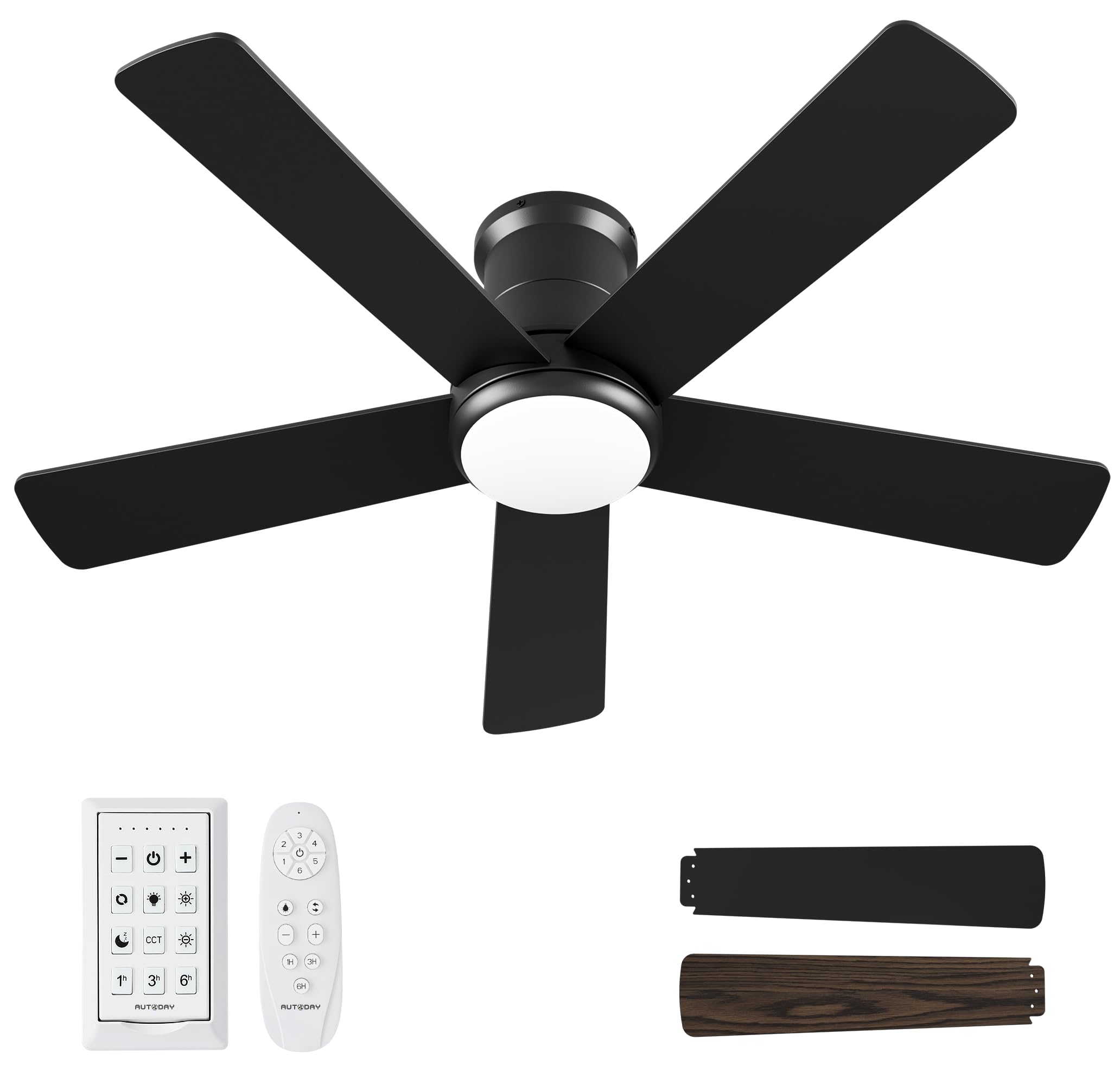 42 Inch Low Profile Ceiling Fan with Light, White Ceiling Fans with Lights and Remote, Flush Mount, 6 Speeds Reversible Quiet DC, 3CCT Dimmable, Indoor Outdoor Ceiling Fans for Patios Bedroom