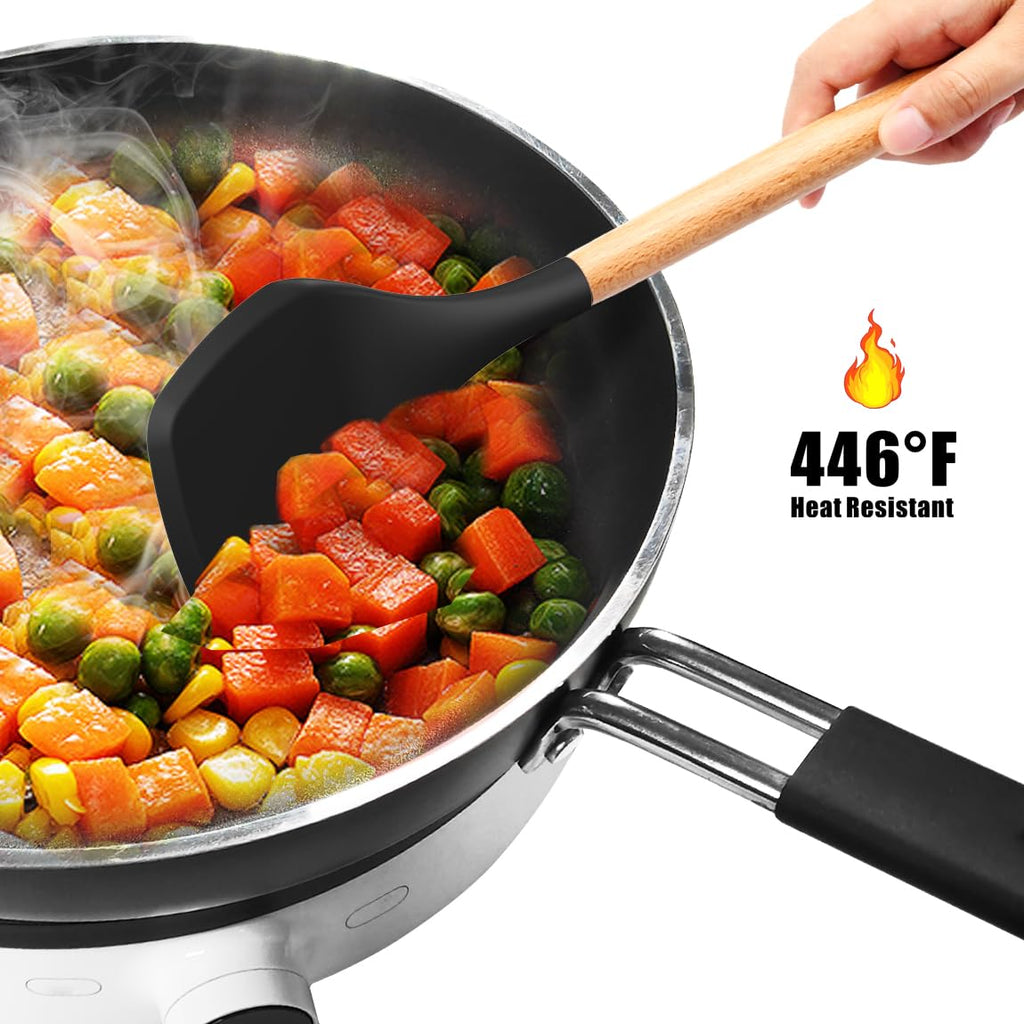 oannao Silicone Cooking Utensils Set - 446°F Heat Resistant Silicone Kitchen Utensils for Cooking,Kitchen Utensil Spatula Set w Wooden Handles, BPA FREE Gadgets for Non-Stick Cookware (Black)
