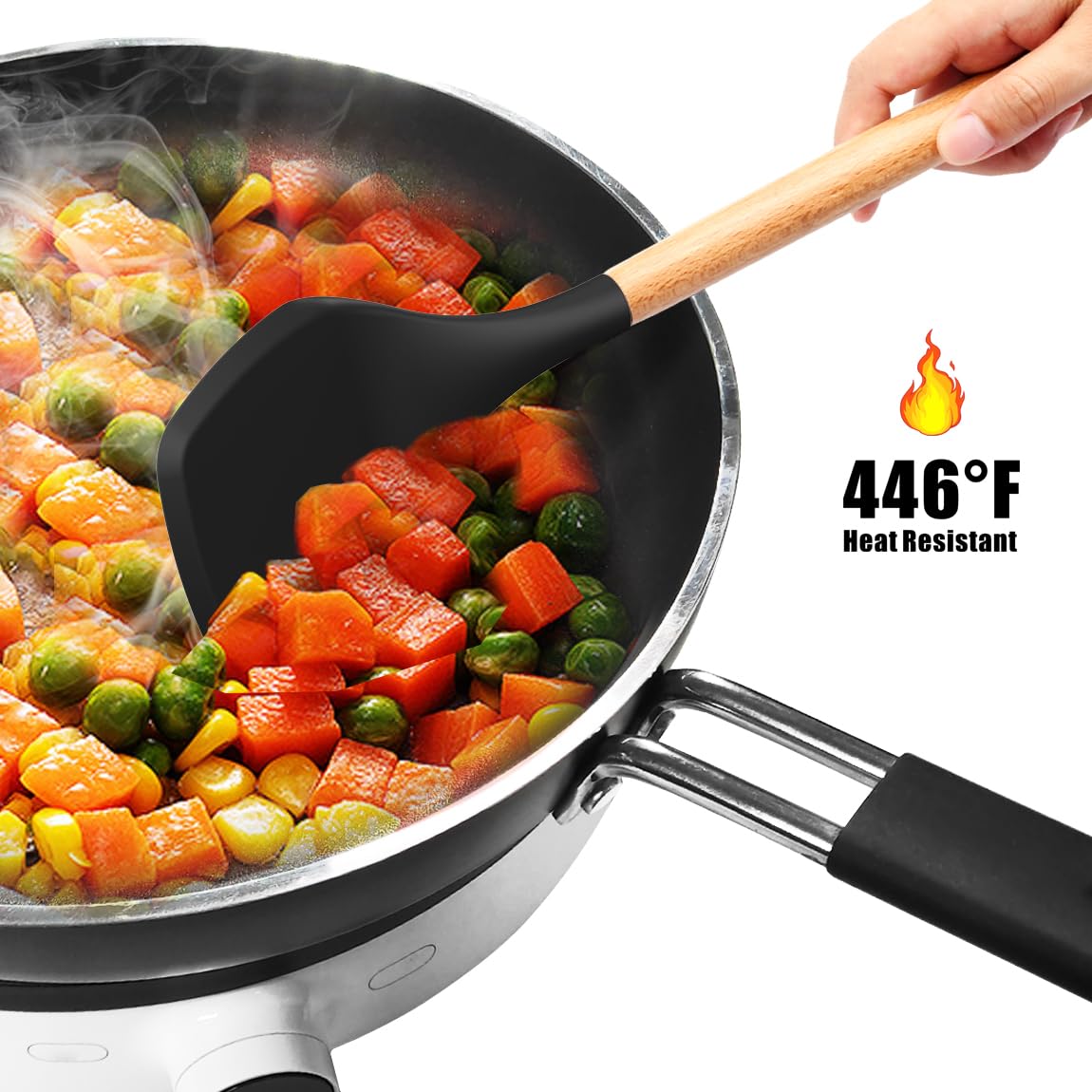 oannao Silicone Cooking Utensils Set - 446°F Heat Resistant Silicone Kitchen Utensils for Cooking,Kitchen Utensil Spatula Set w Wooden Handles, BPA FREE Gadgets for Non-Stick Cookware (Black)