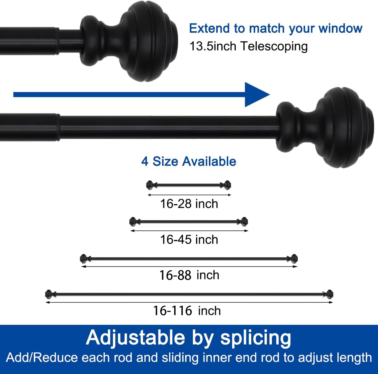 Curtain Rods for Windows 48-84 inch,3/4 inch Heavy Duty Adjustable Decorative Curtain Rod with Modern Finials,Window Rods for Bedroom, Living Room,Patio and Kitchen