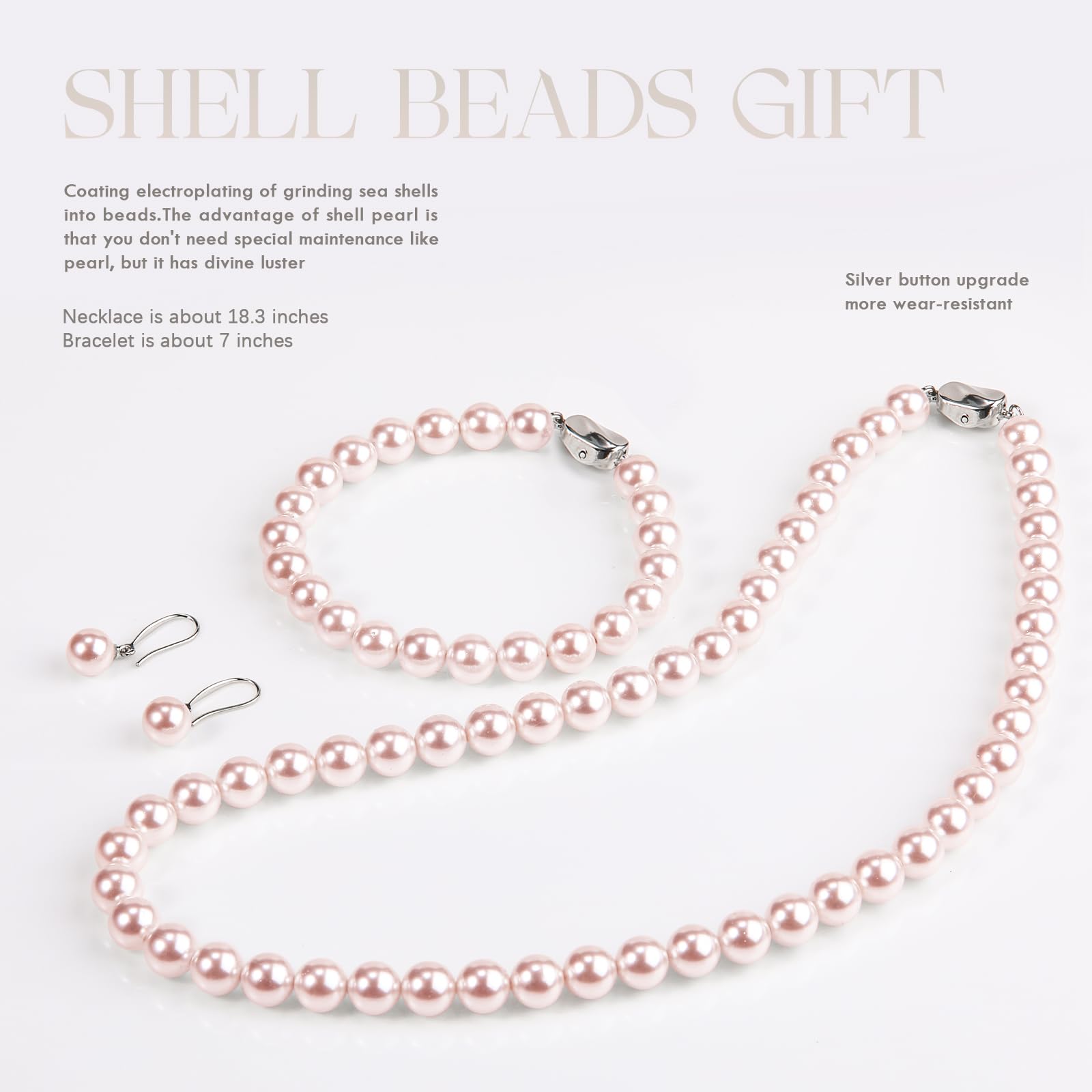AOOVOO Pearl Necklace Set for Women, 8mm Round Shell Pearl Includes Stunning Bracelet and Dangle Earrings 3 Piece Jewelry, Birthday Christmas Gift for Mom Wife Sister Best Friend, Gift Box