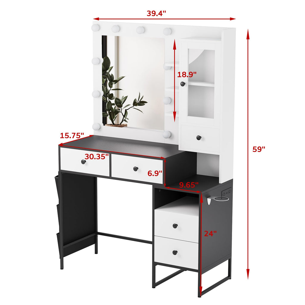 YIKEHOME Makeup Vanity Desk with Mirror and 10 Lights, 3-Colour Hollywood Brighter Bulbs, Vanity Table Set with Large Drawers and and Charging Station for Bedroom Dressing Room White