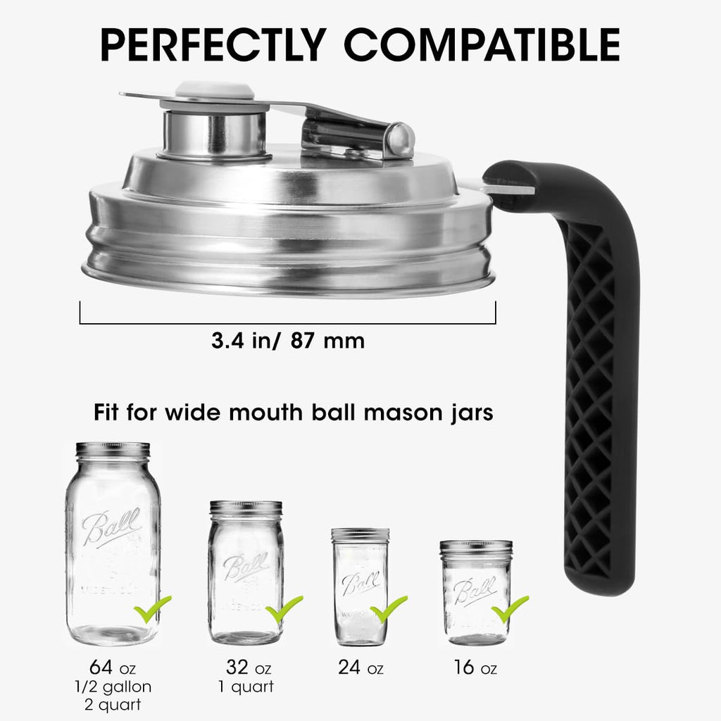 Aieve Stainless Steel Mason Jar Pour Spout Lid, 2 Pack Wide Mouth Mason Jar Pitcher Flip Cap Lids with Handle for Ball Jar Lids (3.38 inch)